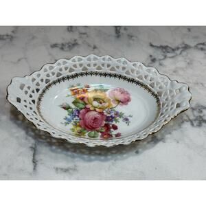 Vintage Germany White Floral Pierced Oval Trinket Dish Cottagecore